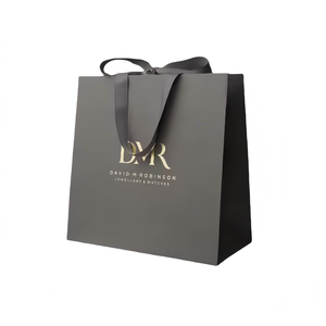 Bolsas de Papel Reciclables de Lujo Premium con Asas de Cinta Gris, Impresas Personalizadas y Hechas a Mano para Ropa, Zapatos y Empaque de Compras - Product Image 1