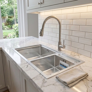 Évier de cuisine double en acier inoxydable fait main, style ferme, à encastrer sous plan, à deux trous, pour usage domestique - Product Image 5