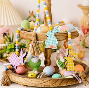 DAMAI Wholesale <b>Easter</b> Decor Wooden <b>Ornaments</b> Plaid Printed Rabbit Hanging With Colorful Beads for Home Party Mall Supplies - Product Image 3