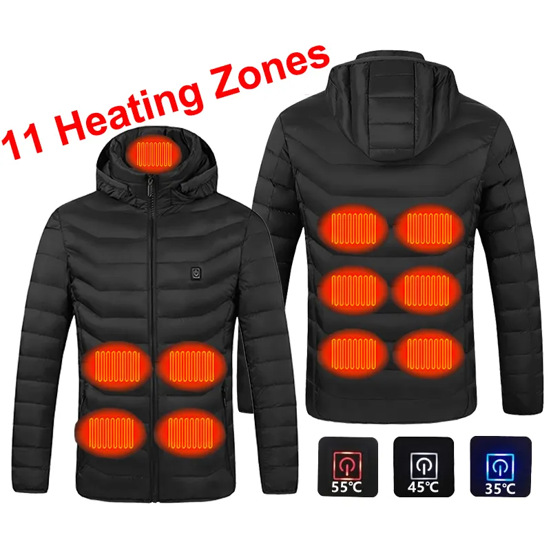 2 4 9 11 Heating Zones Smart Temperature Controller Detachable Hood Winter Long USB Electric Vest Heated Jacket For Men Women