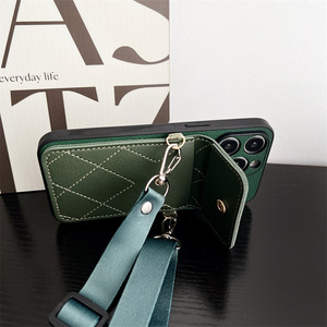Coréen bandoulière lanière <span class=keywords><strong>collier</strong></span> sangle porte-carte porte-monnaie couverture en cuir pu étui pour iPhone 12 13 14 15 16 Pro Max losange - Product Image 5