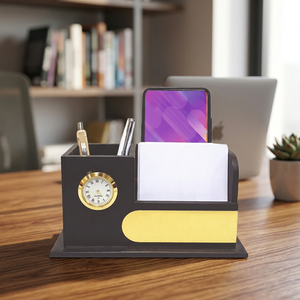 Desk Organizer with Clock <b>Phone</b> Holder Pen Stand Memo Slot <b>Office</b> Desktop Gift - Product Image 3