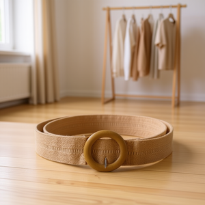 Ceinture en cuir couleur camel avec boucle en bois de 5 cm, ceinture en tissu PP - Product Image 2