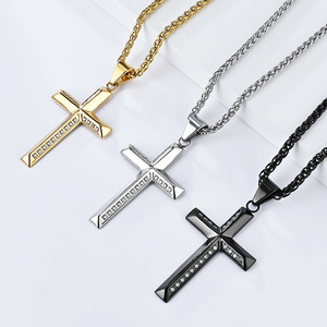 <b>Cross</b> Necklace Stainless Steel Pave Setting Zircon Inlay Unisex Gift Jewelry - Product Image 2