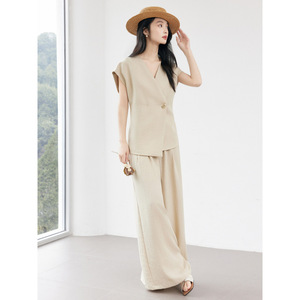 Women's Lyocell V-neck Sleeveless Vest Set Wide Leg Pants Elegant Breathable Casual Two Piece For Commuting Daily Work - Product Image 2