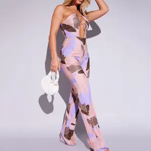 Custom Women Summer Clothing Sexy Sling Playsuit Backless Long Pants Fold Print Cut Out Strappy Jumpsuit