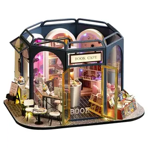 Handcraft בית בובות מלאכות מודרני ספר קפה חנות LED אור DIY מיניאטורות עץ בית בובות עם מציאותי ריהוט ערכות
