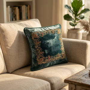Coussin en velours floral Emerald Heritage - Literie en soie imperméable - Oreiller brodé à la main - Product Image 1