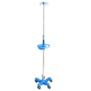 Portable IV stand with pentagonal base, tray handle, and casters for elderly patients and hospital beds. - Product Image 3