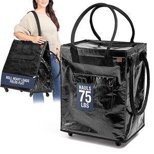 Upgrade Shopping Bag <b>Wheels</b> Carry <b>Luggage</b> Reusable Travel Duffel Bag Foldable Polyester Zipper Closure Webbing Handle Grocery - Product Image 1