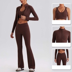 YIYI Set Yoga 3 Pezzi <span class=keywords><strong>con</strong></span> Zip e Collo Alto per <span class=keywords><strong>Donne</strong></span>, Leggings a Vita Incrociata e Gamba Larga, Completo Fitness da Palestra, Abbigliamento Sportivo per <span class=keywords><strong>Donne</strong></span> - Product Image 1