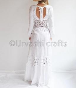 Vestido Maxi Blanco Gitano de Encaje Crochet con Mangas Largas para Fiesta de Bodas, Ropa Floral Larga - Product Image 2