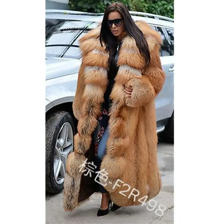 Baru Bulu Imitasi Fox Fur Hooded Mantel Wanita Asli Kualitas Tinggi Jaket Tebal Jaket Panjang 130Cm Musim Dingin Hangat Mantel mewah Bulu