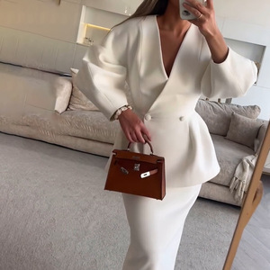 Ensemble jupe et haut pour femme, couleur unie, boutons, manches bouffantes, style décontracté, élégant, pour le travail, tailles XS S M L XL XXL - Product Image 3