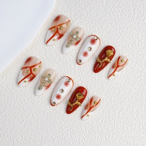 Nouveau design, faux ongles courts en acrylique style français, motif croix et rose, peints à la main, 10 pièces, à presser, pour filles, faits à la main, vente en gros - Product Image 2