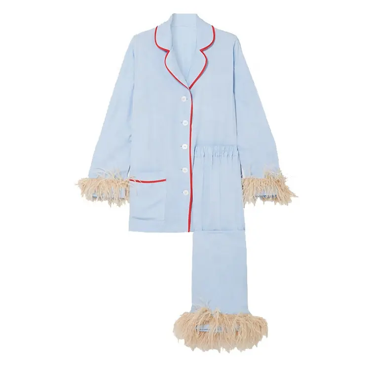 Fashion Comfortabele Lange Mouwen Elastische Tailleband Veer Strimmed Sky Blue Pyjama Sets Vrouwen Nachtkleding