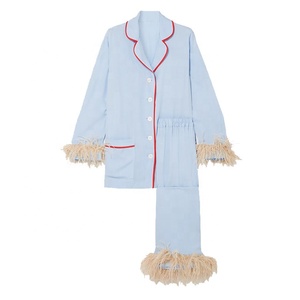 Moda cómoda manga larga cintura elástica pluma strimmed cielo azul pijama conjuntos mujer ropa de dormir - Product Image 1
