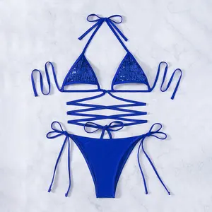 Bikini wanita dua potong zamrud bertali halter biru mengkilap 2024