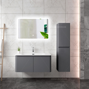 Meuble-lavabo mural de salle de bain de luxe en PVC et contreplaqué moderne, avec éclairage LED, miroir intelligent et vasque, design incurvé, pour hôtels - Product Image 4