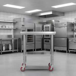 โต๊ะทำงานครัวสแตนเลสสำหรับร้านอาหาร ขนาด 24 x 30 นิ้ว พร้อมชั้นวางของปรับระดับได้และล้อเลื่อน - Product Image 2