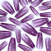 Uñas Postizas Reutilizables Resistentes al Desgaste con Diseño de Estrellas Brillantes Moradas y Efecto Ojo de Gato, Suministros para Vendedores