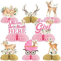 8 Centros de Mesa de Panal de Abeja para Baby Shower con Diseño de Ciervo, Color Rosa, 'Oh Deer, Ya Está Prácticamente Llegando', con 'Es Niña', Centros de Mesa Florales