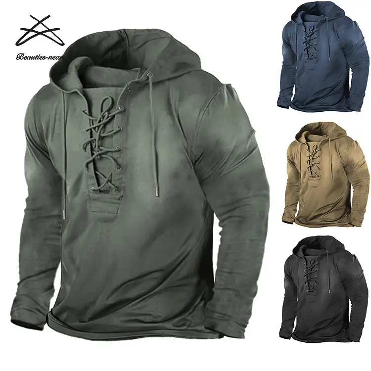 Men's Gym Workout Training Running Casual Outdoor Men Sport Shirts Long Sleeves Lace up Hooded T-shirt Hoodies Top