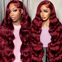 Perruque frontale HD complète en dentelle, sans colle, cheveux indiens vierges, couleur bordeaux, double densité 180%, longue, avec baby hair