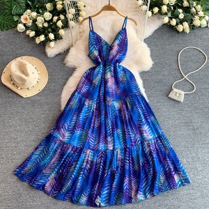 <span class=keywords><strong>Vestido</strong></span> Maxi Romántico Casual de Verano con Estampado Floral, Cuello en V, Tirantes Finos, Espalda Descubierta, Cintura Ajustada y Volantes - Product Image 4