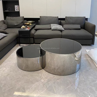 Table basse ronde de luxe 3 pièces en verre noir et acier inoxydable, ensemble de tables à thé modernes – Offre spéciale