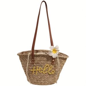 Bolso y Cesta de Paja Tejida a Mano Personalizado, Estilo Casual, con Nombre Tejido, Colores Sólidos, para Viajes, Playa, Bodas, Despedidas de Soltera, Pascua - Product Image 5