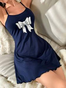 Abito sexy da donna con scollo all'americana, gonna corta estiva senza schienale, abbigliamento da casa, camicia da <span class=keywords><strong>notte</strong></span> stampata alla moda, camicia da <span class=keywords><strong>notte</strong></span> morbida - Product Image 3