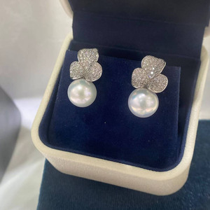 S925 <b>Silver</b> Three Leaf Clover <b>Earrings</b> 11-12mm High Luster Edison Pearl <b>Drop</b> <b>Earrings</b> Near Round Slight Blemish Pearl Jewelry - Product Image 5
