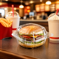 Conteneur alimentaire transparent en PET de qualité alimentaire pour hamburgers et nouilles, avec couvercle à charnière bombé, pour restauration rapide, drive-thru, emballage à emporter et livraison