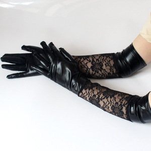 Mode Sexy élé<span class=keywords><strong>gant</strong></span> <span class=keywords><strong>noir</strong></span> dentelle en cuir verni épissage gants danse Performance Cosplay longs gants - Product Image 2