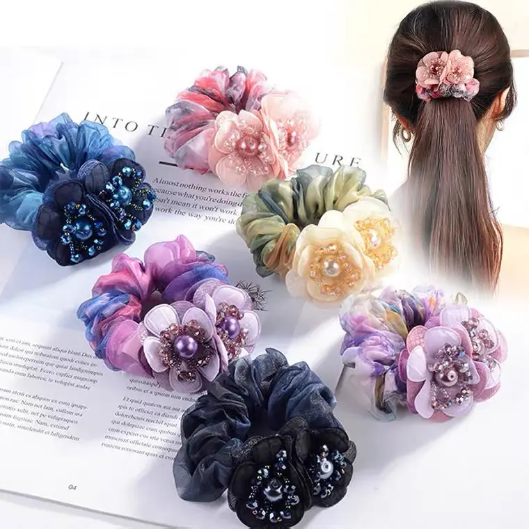 Vendita calda fascia elastica per capelli da donna con motivi floreali e cristallo abbellire eleganti accessori per capelli a forma di coda di cavallo