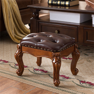 Repose-pieds de style villa traditionnel avec pieds en bois massif, tabouret rembourré en cuir véritable, antique, pour chambre d'enfant, salon, divers modèles - Product Image 5
