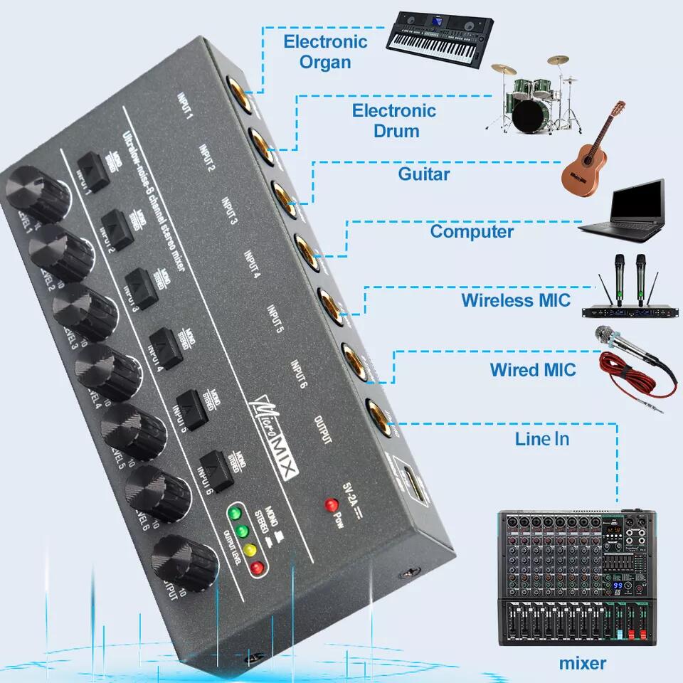 Depusheng DX600 Mini Mixer - 6 Channel Low-Noise Audio Console for
