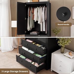 Armoire moderne noire à 2 portes à persiennes, 3 tiroirs, autoportante, en bois, pour chambre à coucher, rangement de vêtements RTA - Product Image 6