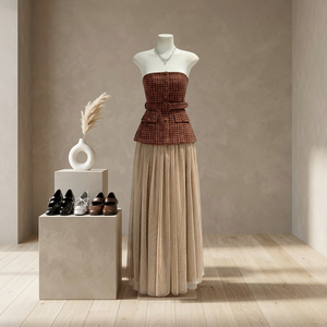 Robe de soirée longue plissée en tulle, style A-line, taille empire, sans bretelles, sans manches, avec haut court jacquard à carreaux et perles, pour toutes les occasions - Product Image 2