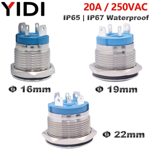 16mm 19mm 22mm 20A 250VAC Interruptor de botón de metal a prueba de agua 2 4 <span class=keywords><strong>6</strong></span> pines Bola plana de enganche momentáneo Botón pulsador LED de cabeza alta - Product Image 3