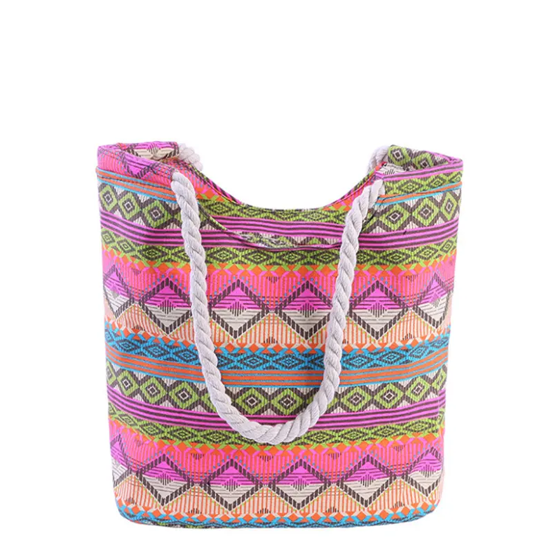 High Quality Fashion Rope Handle Custom Color Women Large Canvas Striped Shoulder Beach Tote Bag