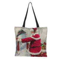 Sac fourre-tout en toile de coton personnalisé avec imprimé vintage Père Noël et bonhomme de neige, grand sac réutilisable pour les courses, sac cadeau de Noël pour bonbons et fêtes