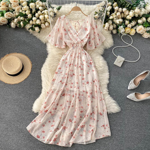 Bdbh-Seaside Vacation Dress, novedad de verano <span class=keywords><strong>2022</strong></span>, vestido Sexy con cuello en V, cintura ajustada, largo, de gasa, Floral, para playa - Product Image 2