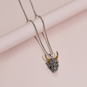 Collier pendentif masque style japonais pour homme, crâne fantôme en argent tibétain, dessin animé, cadeau d'horreur, bijoux, chaîne en or blanc - Product Image 3