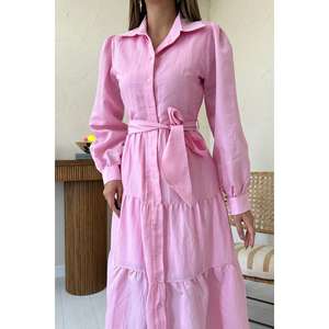 Vestido Casual Diario Transpirable de Cintura Elástica con Cuello Redondo y Cinturón Rosa, Estilo Línea A - Product Image 2