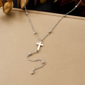 Gold Plated Stainless Steel Cross Pendant Necklace Women Long Beaded Chain Clavicle Chain Everyday Wear - Product Image 2