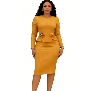 เดรสทรงบอดี้คอนแบบเปปลัมสำหรับผู้หญิง - แต่งลายดอกไม้ 3 มิติที่เอว แขนยาว ชุดเดรสออกงานสไตล์แอฟริกันสำหรับผู้หญิง แฟชั่น - Product Image 4