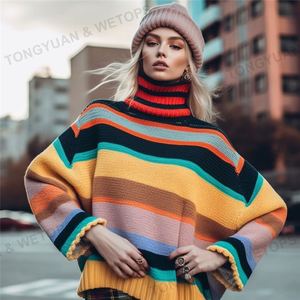 2024 <span class=keywords><strong>pull</strong></span> surdimensionné nouveau tricot personnalisé femmes mode multicolore rayé Colorblock <span class=keywords><strong>col</strong></span> <span class=keywords><strong>roulé</strong></span> Poncho <span class=keywords><strong>pull</strong></span> - Product Image 6