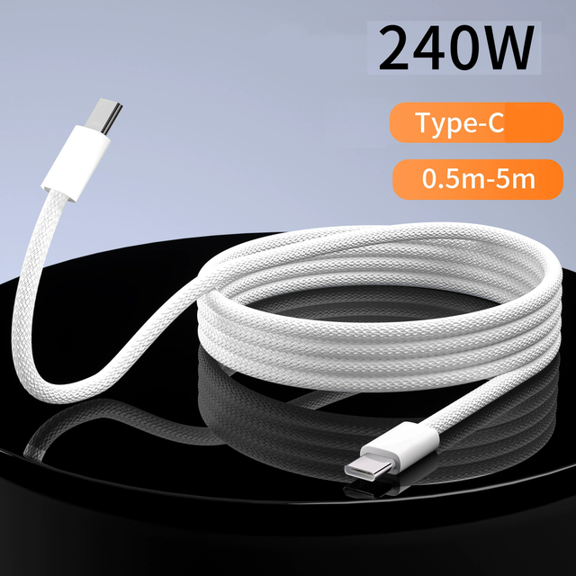 1-5m Extended PD 240w USB C to USB C Nylon Braided Fast Charging Type C Data Cable for iPhone Tablet Laptop